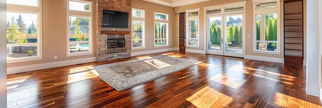 Gorgeous interior living room with fireplace and wooden floors Generative Ai