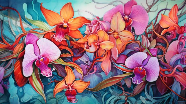 Gorgeous intricate orchids tropical punk watercolor