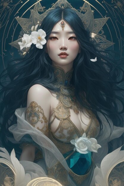 Gorgeous Korean Woman Glowing Eyes Embellished by Triangular Geometry and Plant Patterns