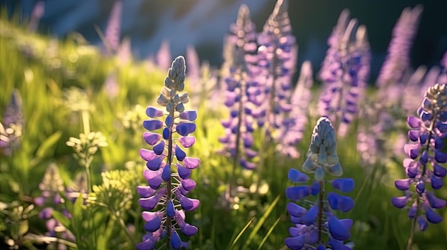 Gorgeous landscape with blooming lupine flowers field