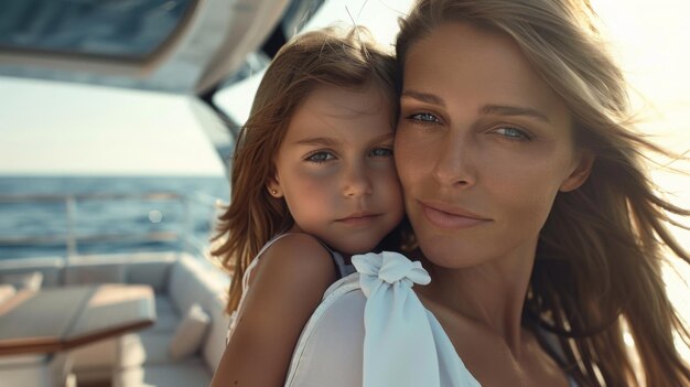Gorgeous mother and her beautiful 8yearold daughter enjoying summer vacation on a yacht Family