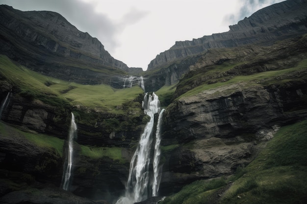 Gorgeous mountain range with waterfall cascading down the cliffs created with generative ai