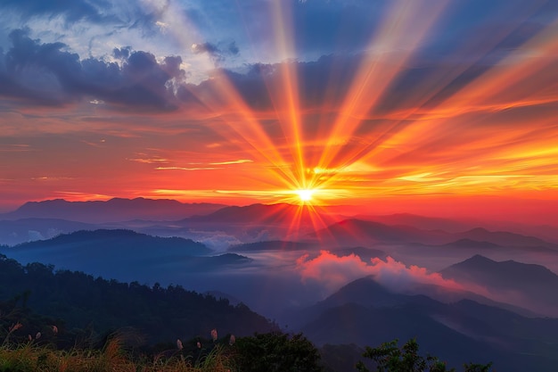 Gorgeous panorama scenic of the strong sunrise with silver lining and cloud on the orange sky