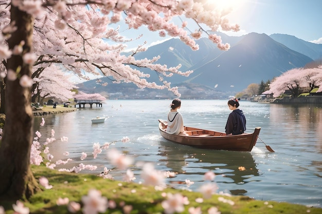 美しく穏やかな湖のほとりに桜が舞い散る豪華な春のパノラマ風景