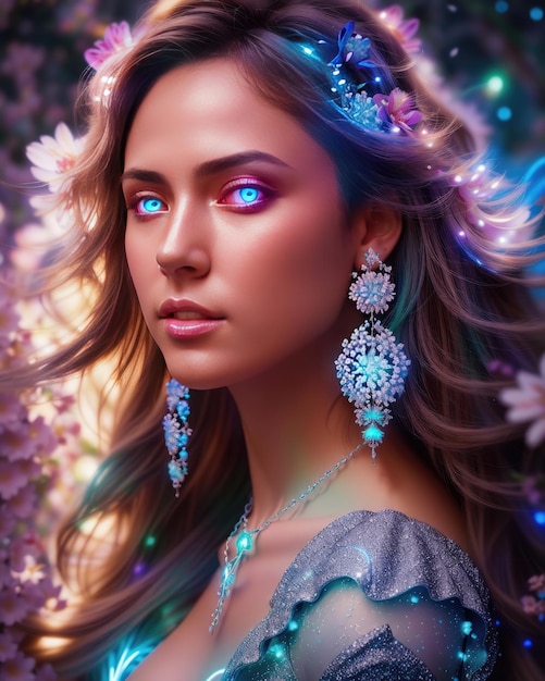 ファンタジーの世界の若いプリンセスの青い目の豪華な写真