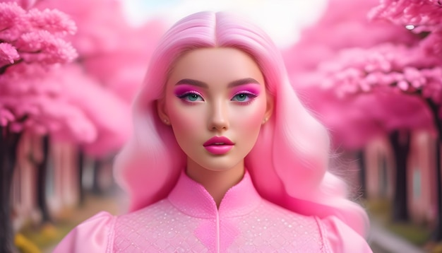 Foto splendida ragazza rosa in stile cartone animato