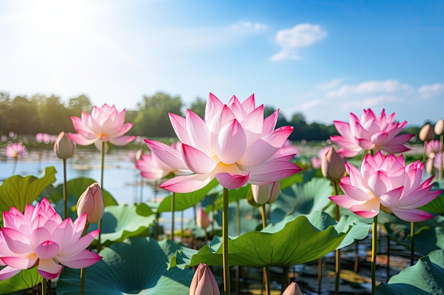 Gorgeous pink lotus and plants in the lake pure beauty