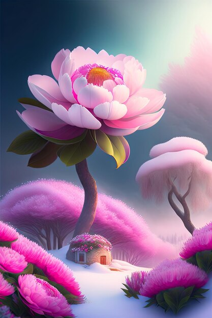 Gorgeous pink peony garden morning fog the beautiful peony tree is standing while snow drop