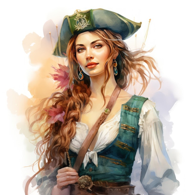 ダイナミックな芸術性のゴージャスな海賊女性の水彩クリップアート
