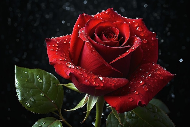 黒 の 上 に 輝く 露 に 覆わ れ た 華麗 な 赤い バラ