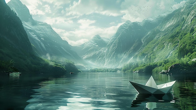 Прекрасная сцена реки с бумажной лодкой на фоне гор