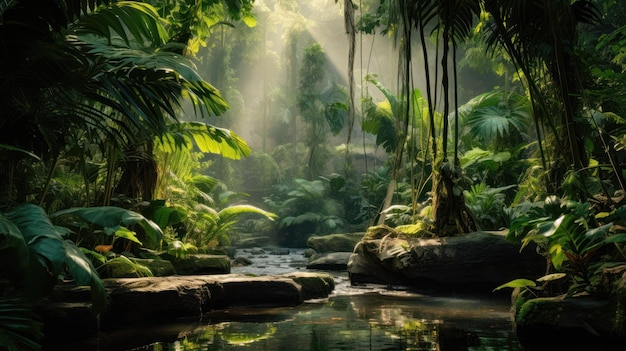 Прекрасный пейзаж зеленого тропического леса с рекой в центре
