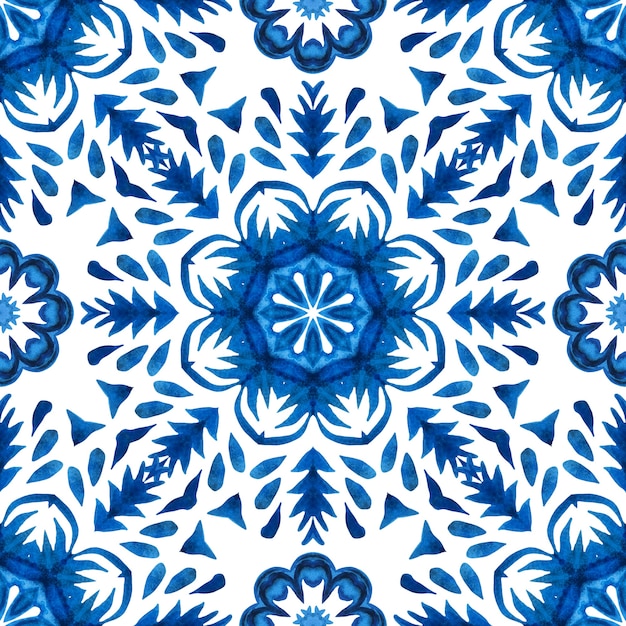 Splendido motivo floreale astratto blu senza cuciture con motivo ad acquerello orientale piastrelle tessuto design stile spagnolo delle mattonelle di azulejo.