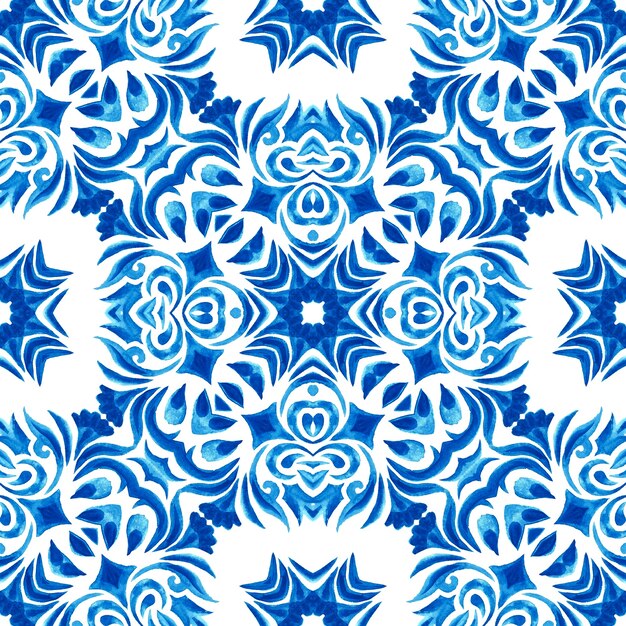 Gorgeous seamless blue watercolor pattern oriental tiles fabric design . Turkish ornament. Moroccan mosaic. Spanish porcelain Ceramic tableware, folk print. Spanish pottery seamless wallpaper.