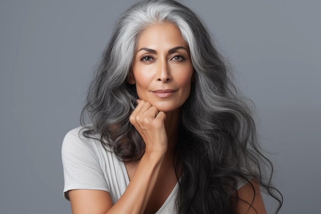 Foto una bellissima donna indiana anziana con lunghi capelli argentieri e trucco naturale che le tocca il viso.