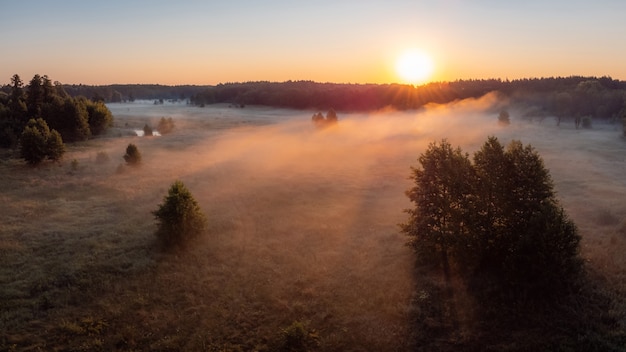 gorgeous shot of fog in the countryside lit by first rays of the rising sun