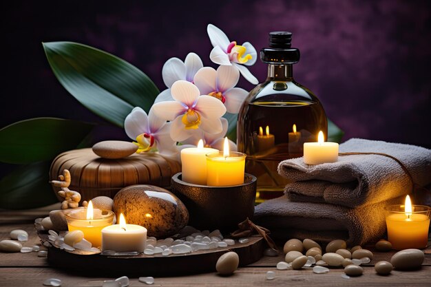 Photo gorgeous spa arrangement featuring candles frangipani flowers oil flasks and decor