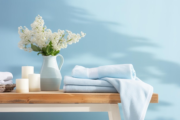 Gorgeous spa arrangement featuring towels placed on a wooden table against a backdrop of pale blue