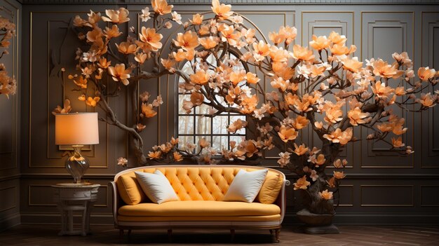 a gorgeous space with handpainted panels and a potted magnolia tree on one wall