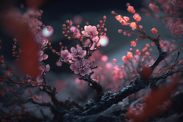 Gorgeous spring tree branch flowers backdrop with blooming twig in on sunlight rays background.