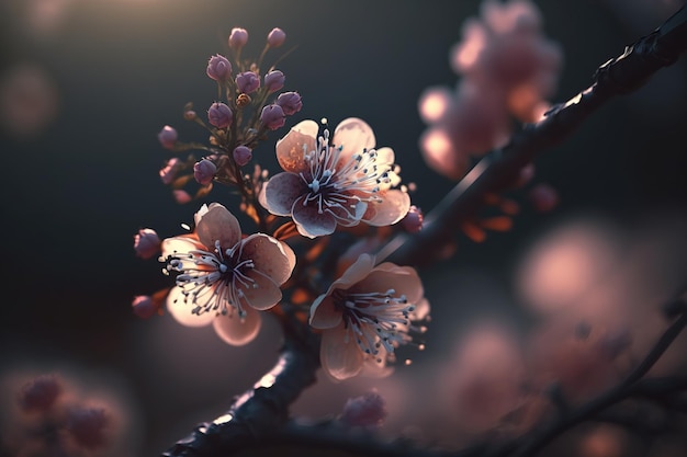 Gorgeous spring tree branch flowers backdrop with blooming twig in on sunlight rays background.
