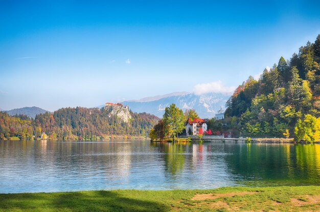 Gorgeous sunny day view of popular tourist destination Bled lake