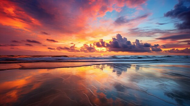 Foto splendida scena dell'alba sulla spiaggia con il riflesso sul mare