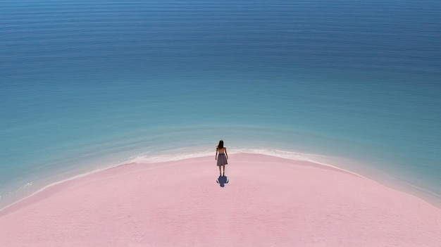 Gorgeous sunset beach view Woman lying on pink swim ring in clear azure waters Lefkada Greece