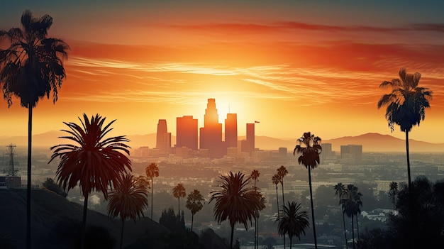 Gorgeous sunset over LA skyline with palm trees upfront