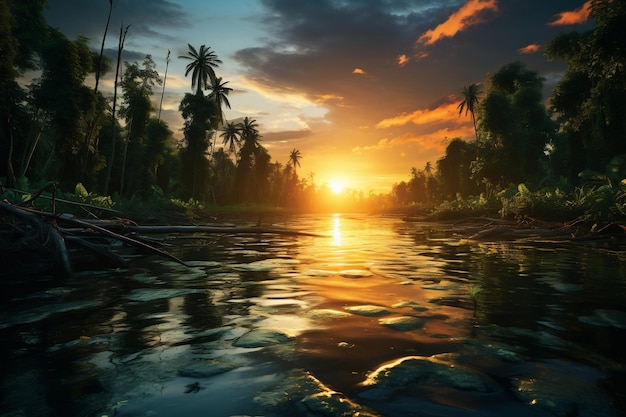 Gorgeous Sunset Landscape of the Green Amazon Forest AI