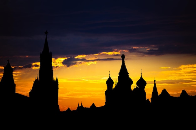 Gorgeous sunset on Moscow historical center Red Square and Kremlin tower silhouette