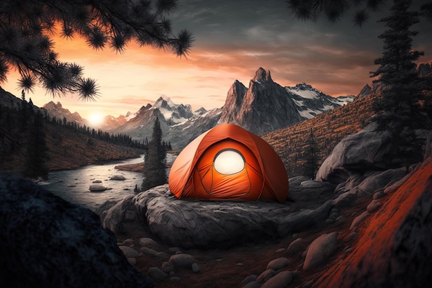 Gorgeous sunset photo of an orange tent on a rocky mountain