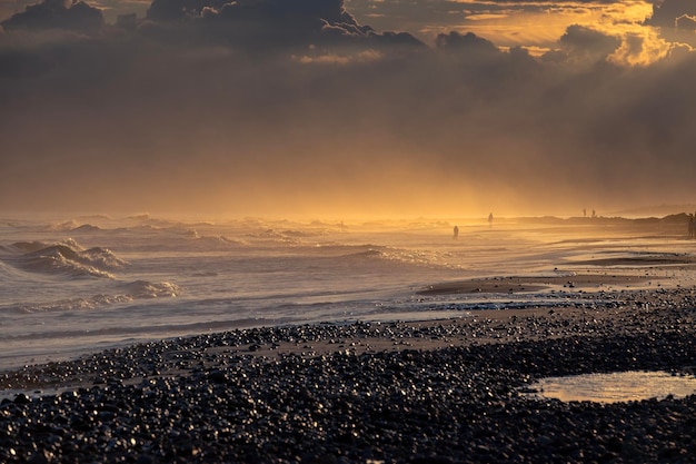 "Gorgeous sunset with some golden myst at Bella Vista beach. Some surfers entering the ocean it the background.Maldonado, UruguayGorgeous sunset with some golden myst at Bella Vista beach. Some surfer