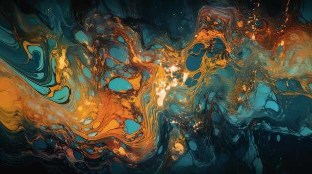 Gorgeous Teal and Orange Liquid Swirls with Gold Glitter