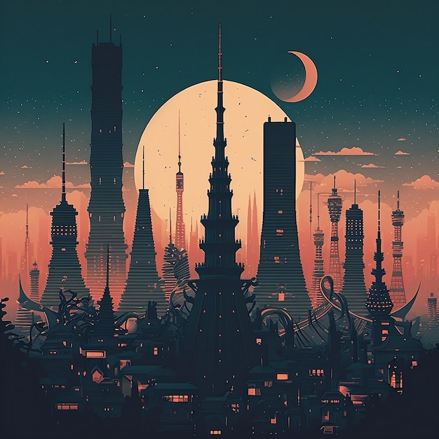 Gorgeous Tokyo skyline illustrations with a touch of fantasy Generative AI