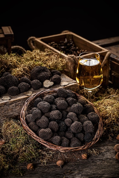 Gorgeous truffle first category luxury mushroom in wicker basket