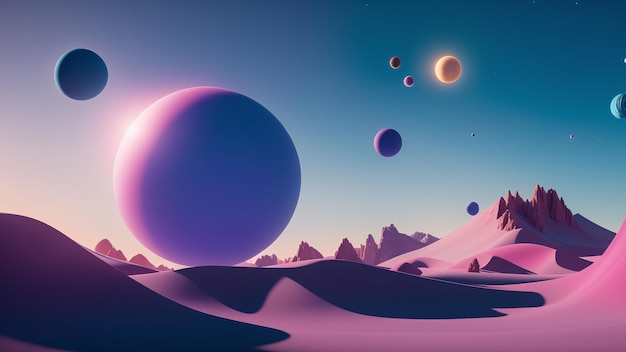A gorgeous view of a desert with a lot of planets in the sky ai generative