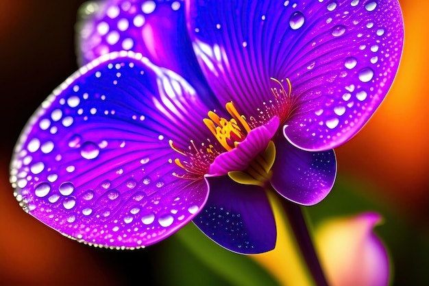 Gorgeous violet orchid flower with morning dew drops close up digital art