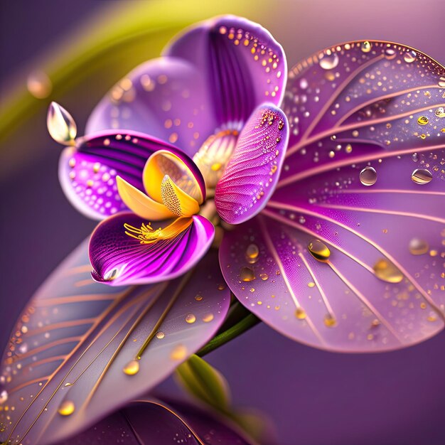 Gorgeous violet orchid flower with morning dew drops Close up Digital art