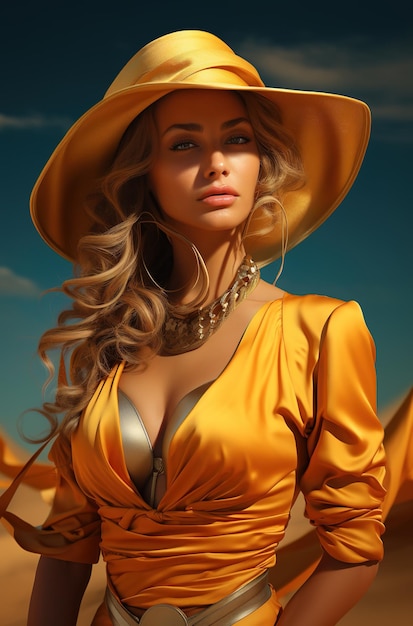 写真 ディーゼルパンクスタイルのビーチで豪華な金色の帽子をかぶった華麗なモデルの女性