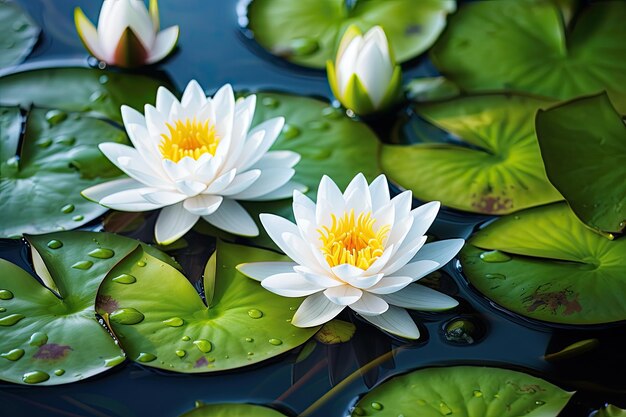 Gorgeous white lotus with green leaf in pond