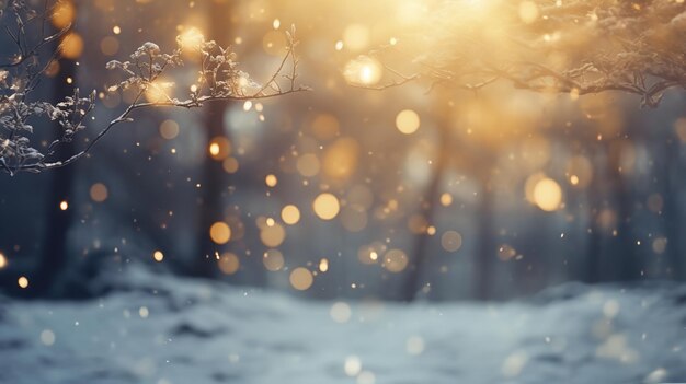 太陽の森と雪の美しい冬の景色 冬の森の夕暮れ