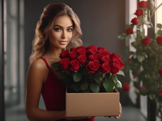 A Gorgeous woman a box of red roses Generative Ai