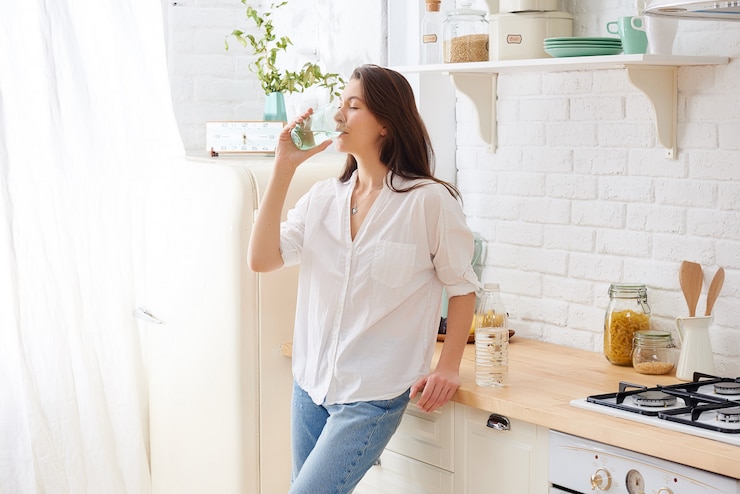 ゴージャスな女性は彼女のキッチンで水を飲む
