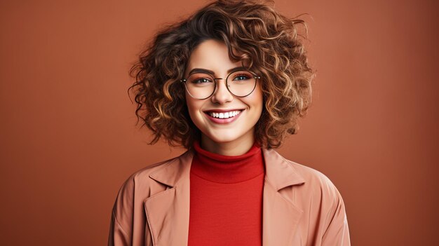 Gorgeous woman in fashionable red glasses smiling at the camera capturing a genuine portrait of a bright and content learner representing the idea of learning