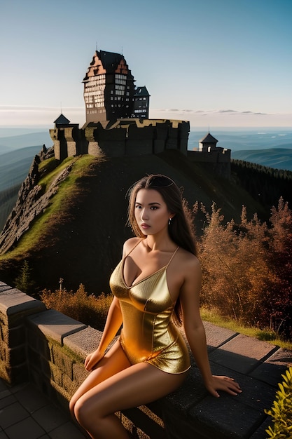 Foto una donna splendida davanti a un castello