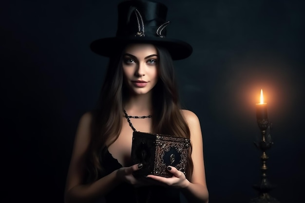 gorgeous woman holding lamp in the dark for black magic