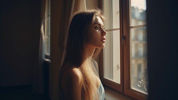 Gorgeous woman looking out the window of her stunning residence Generative AI