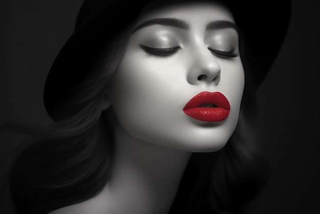 Gorgeous woman red lips dark black background