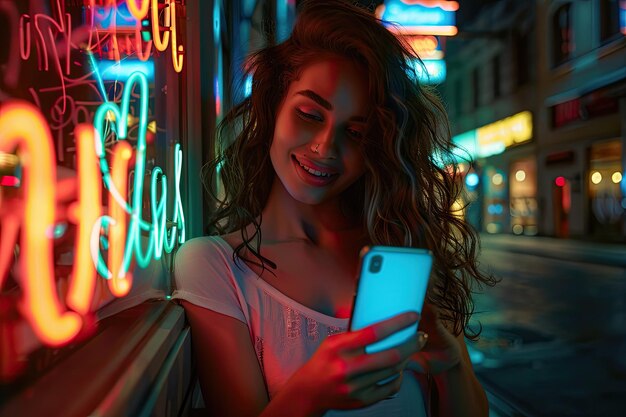 Gorgeous woman smiling using smartphone in neon lit city street